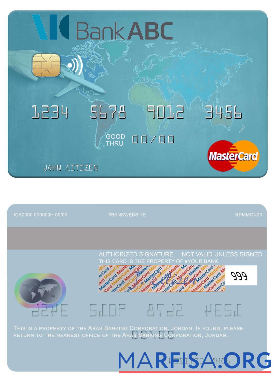 Realistic Jordan Arab Banking Corporation mastercard sample
